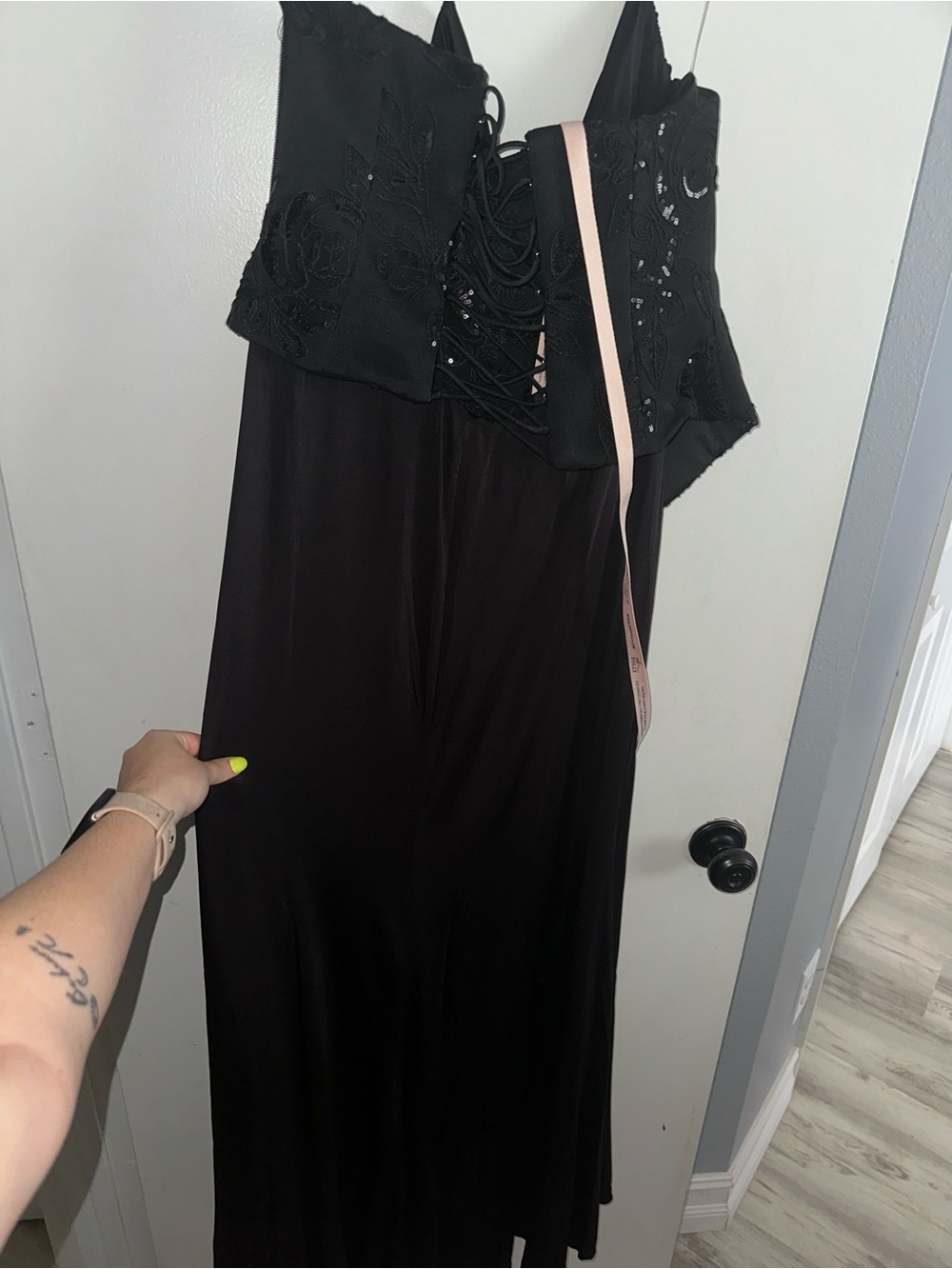 Embellished Cowl-Neck Ruffled Gown Dress in Black